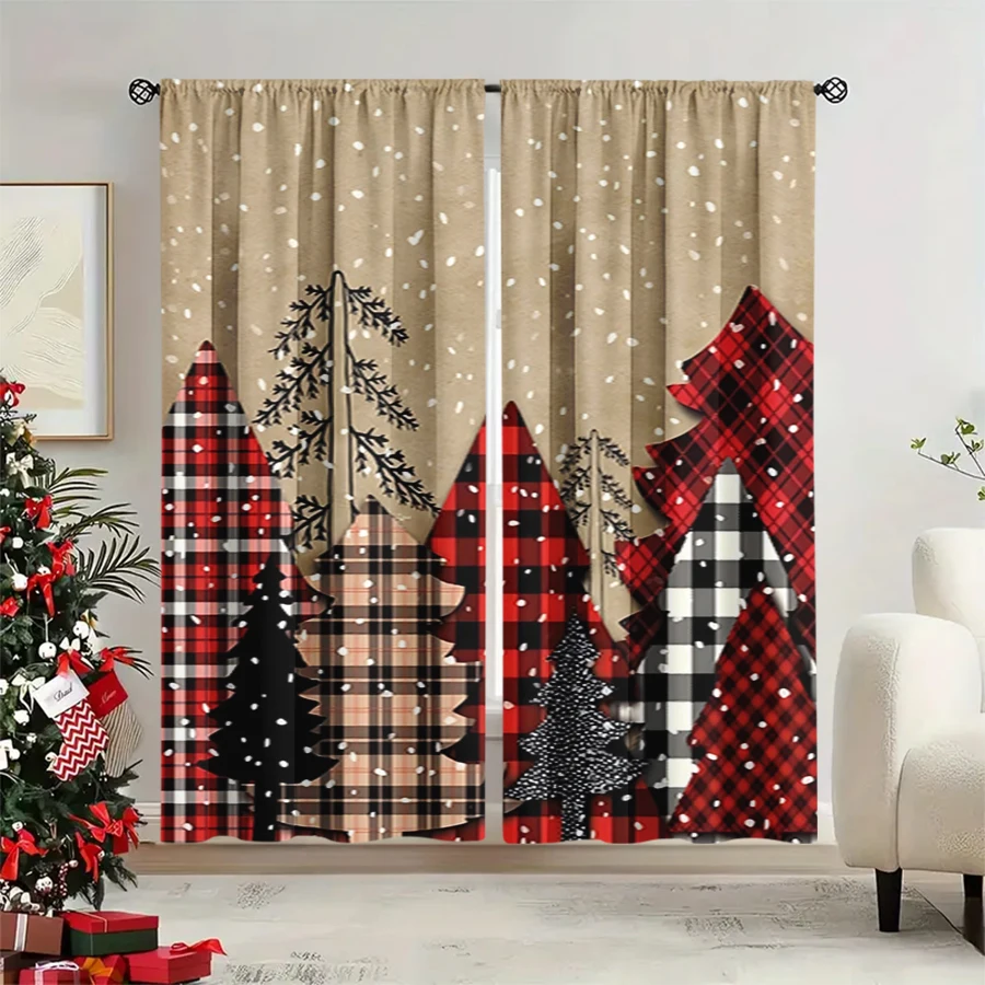 2PCS Christmas Winter Curtains, Plaid Christmas Tree Beige Red Black Snow, Digital Print, Bedroom Living Room, Home Decor