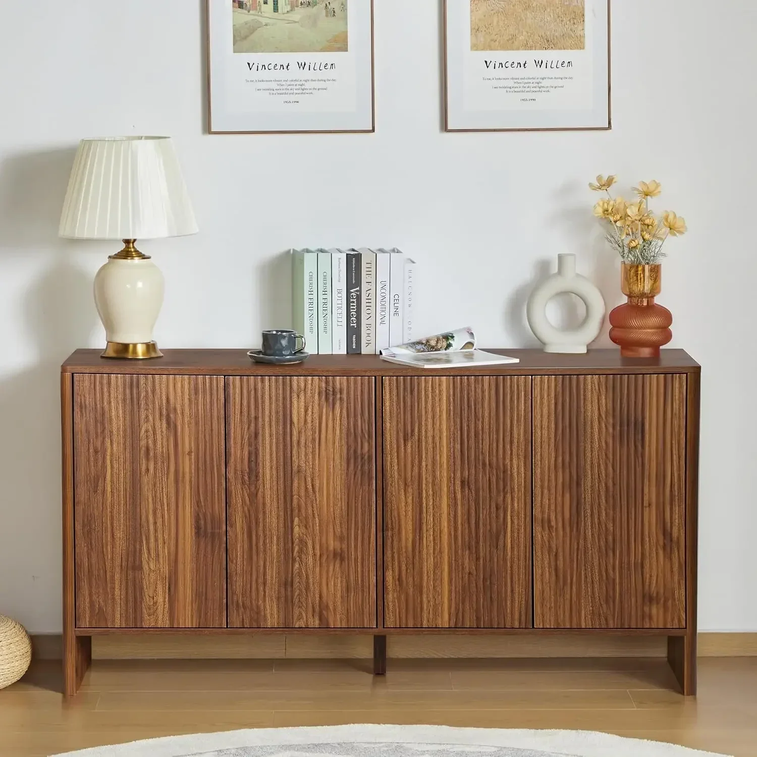 [أفضل بائع، اشترِ الآن! ]خزانة جانبية، 4 أبواب مخددة وأرفف قابلة للتعديل، وحدة تحكم خشبية، وحدة تحكم، ومطبخ لتناول الطعام