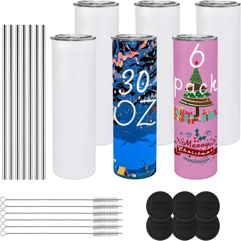 Pack Of 6 30 Oz Sublimated Glass Tumbler Blanks With Lid And Straw,Stainless Steel Double Wall Insulated Cup Blanks, DIY Durable