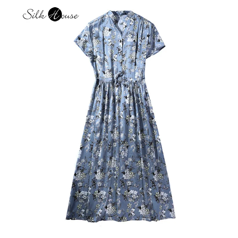 여성 패션 드레스 기품 있는 핏 92% 천연 뽕나무 실크 신축성 있는 새틴 우아한 스탠드업 칼라 반소매 드레스