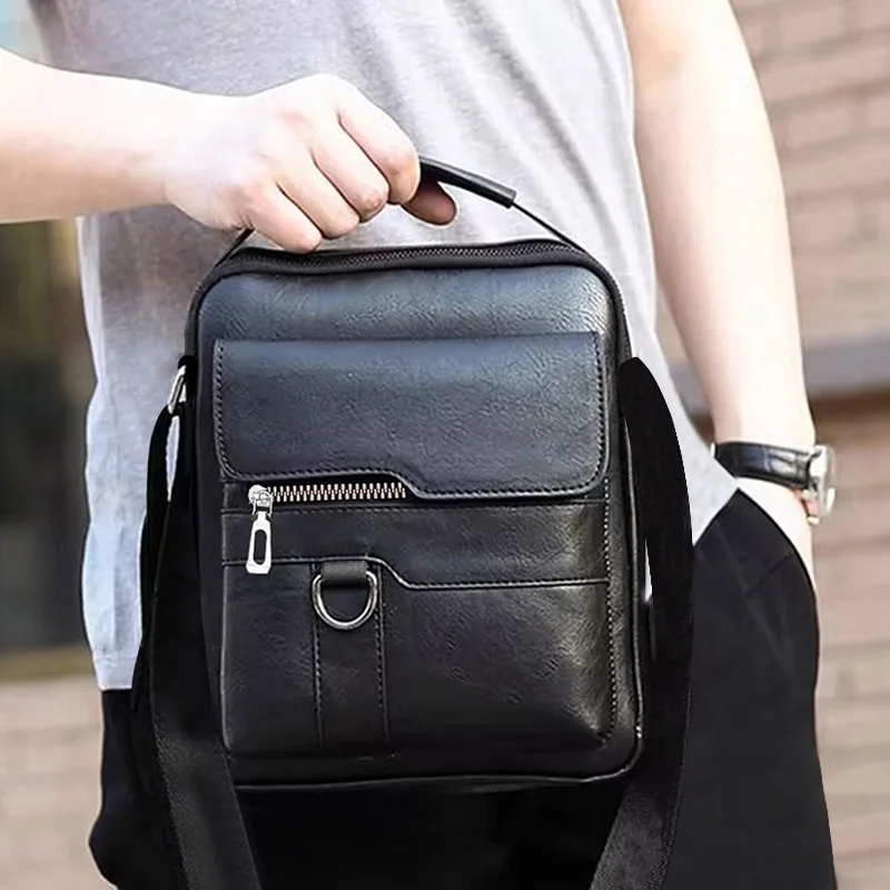 Men Vintage PU Leather Crossbody Bag, Trendy Vertical Shoulder Messenger Pack, Multi-pocket Handbag for Office & Travel gallery 4
