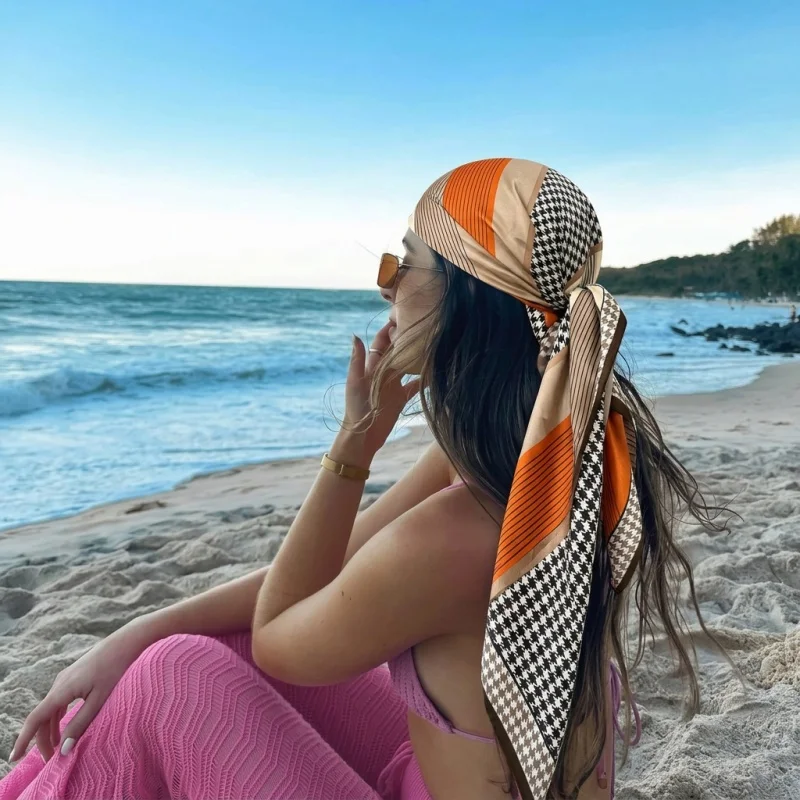 

Luxury Satin Square Scarf Summer Women Hijab Color Block Houndstooth Stripe Breathable Neck Tie Headband Elegant Hair Accessory