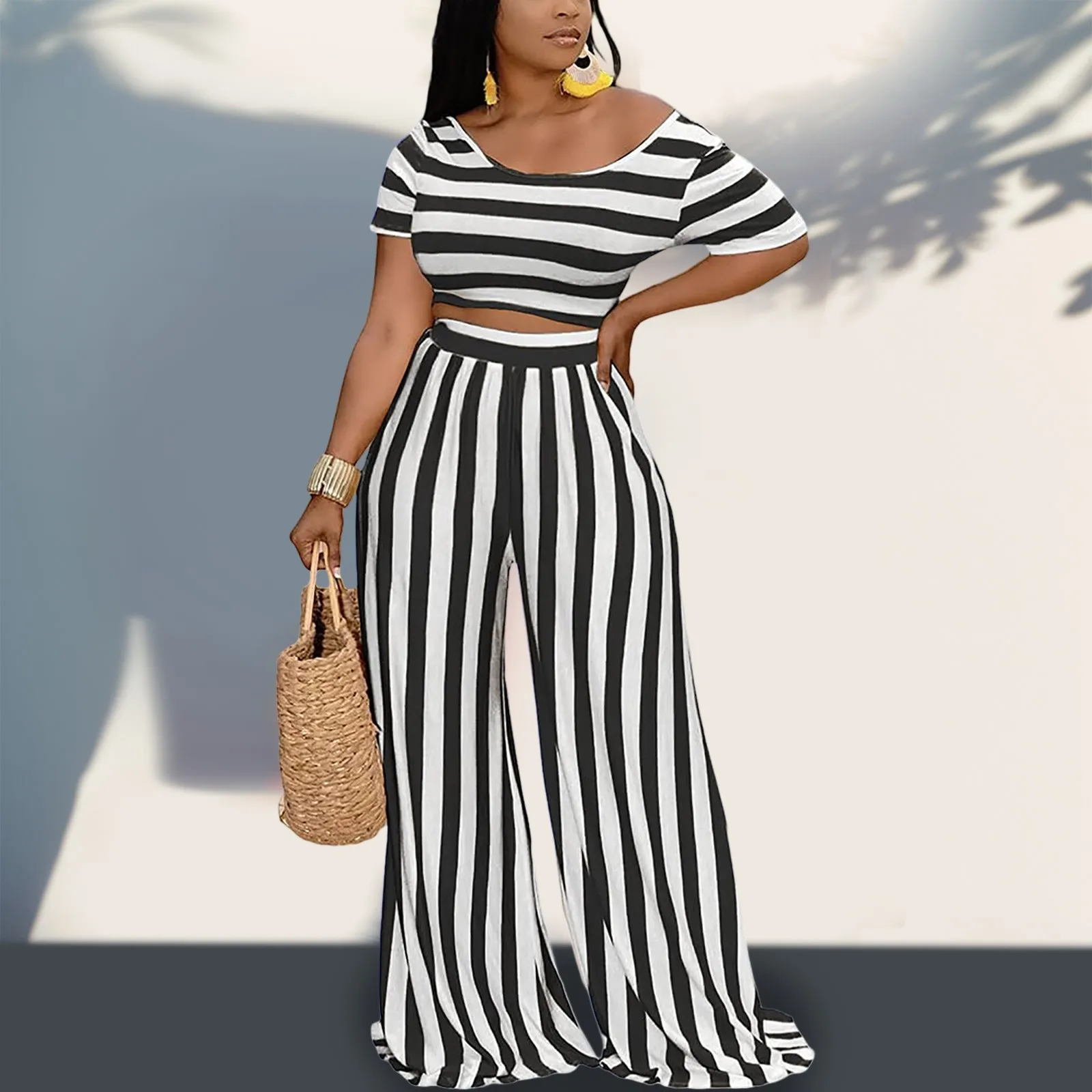 Black White Striped Set African Clothes Cropped tshirts High Waist Wide Leg Pants Two Piece Set Elegant OL Ladies Clothing