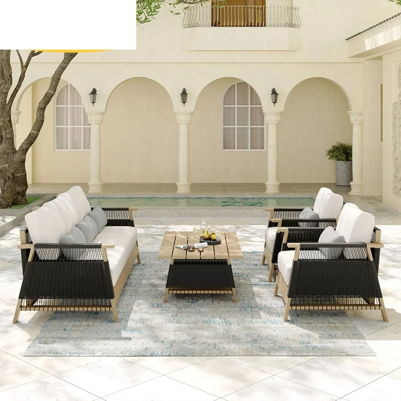 Outdoor sofa rattan courtyard garden preservative wood designer balcony leisure rattan chair hotel aluminum alloy furniture