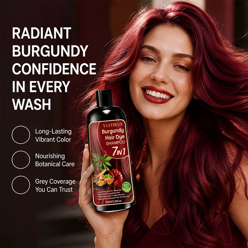 Burgundy 7 IN 1 Hair Dye Shampoo 100ml 100% Natural Botanical Extract 99% Grey Coverage 6 Months Long Last Salon Hair Color