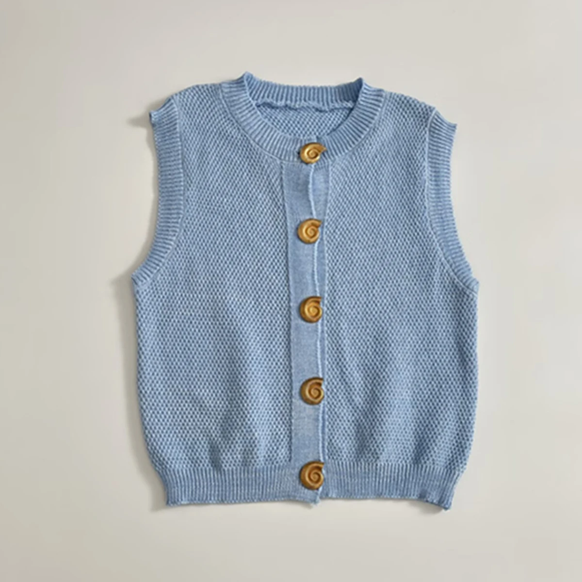 

Withered French Style Blue Color Minimalist Basic Single-Breasted Knitted Vest Top Round Neck Sleeveless Sweater Women