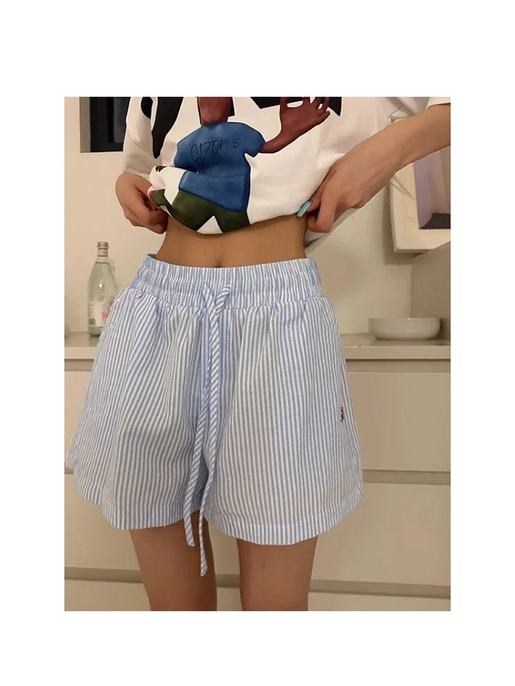 Y2K 스트라이프 반바지 여성용 하라주쿠 블루 박서 반바지 스트라이프 밴딩 반바지 포켓 한국 스타일 비치 반바지