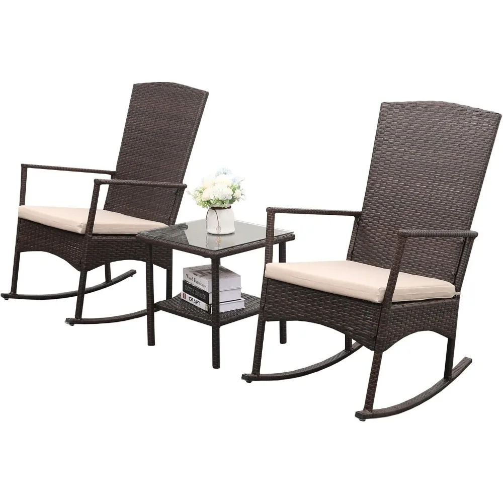 Outdoor Rocking Chair 3 Pieces High-Backed Rocking Chair Patio Rocking Chairs Outdoor Table