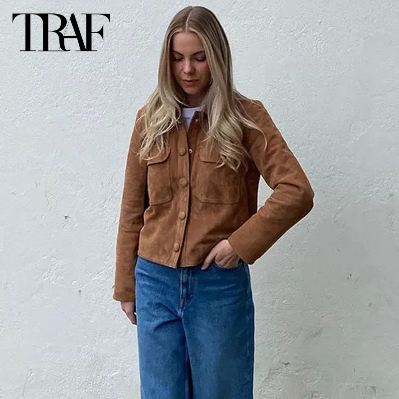 TRAF Autumn Winter Women\'s Cropped Jacket 2024 Demi-Season Bomber Jacket Female Short Leather Long Sleeve Coat New In Outerwears