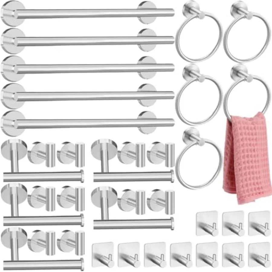

35 Pcs Bathroom Hardware Set Stainless Steel Bathroom Accessories Set Including 16'' Bath Towel Bar Towel Rings Robe Hooks Toil