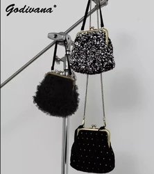 Bolsa de ombro treliça de strass com pequenos pontos, malha feminina crossbody, estilo japonês feminino, bordado de fio dourado