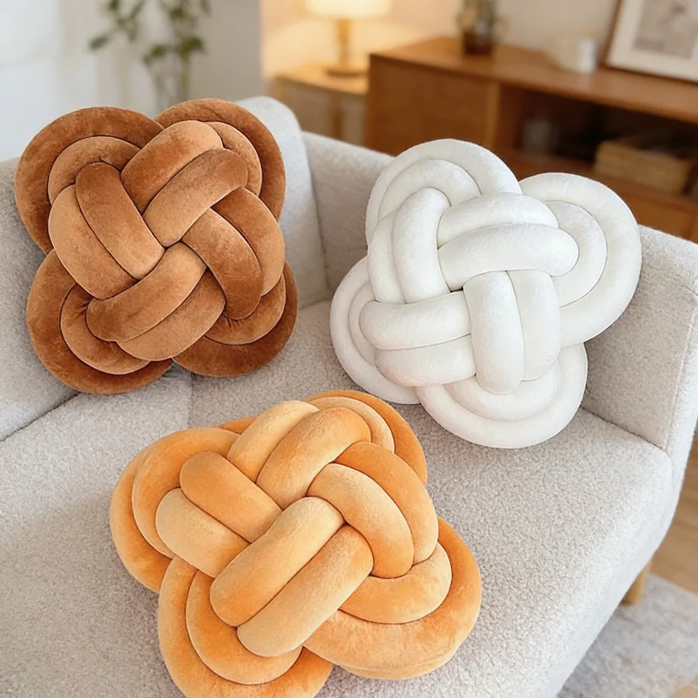 

Solid Color Knotted Woven Throw Pillow Danish Ball Chinese Knot Style Decorative Cushion Sofa Bed Bay Window Home Use