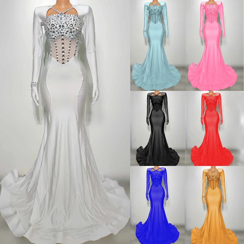 7 Colors Wedding Celebrate Party Dresses Women Colorful Rhinestones Tail Dress Stage Catwalk Costume Evening Prom Outfit XS7580