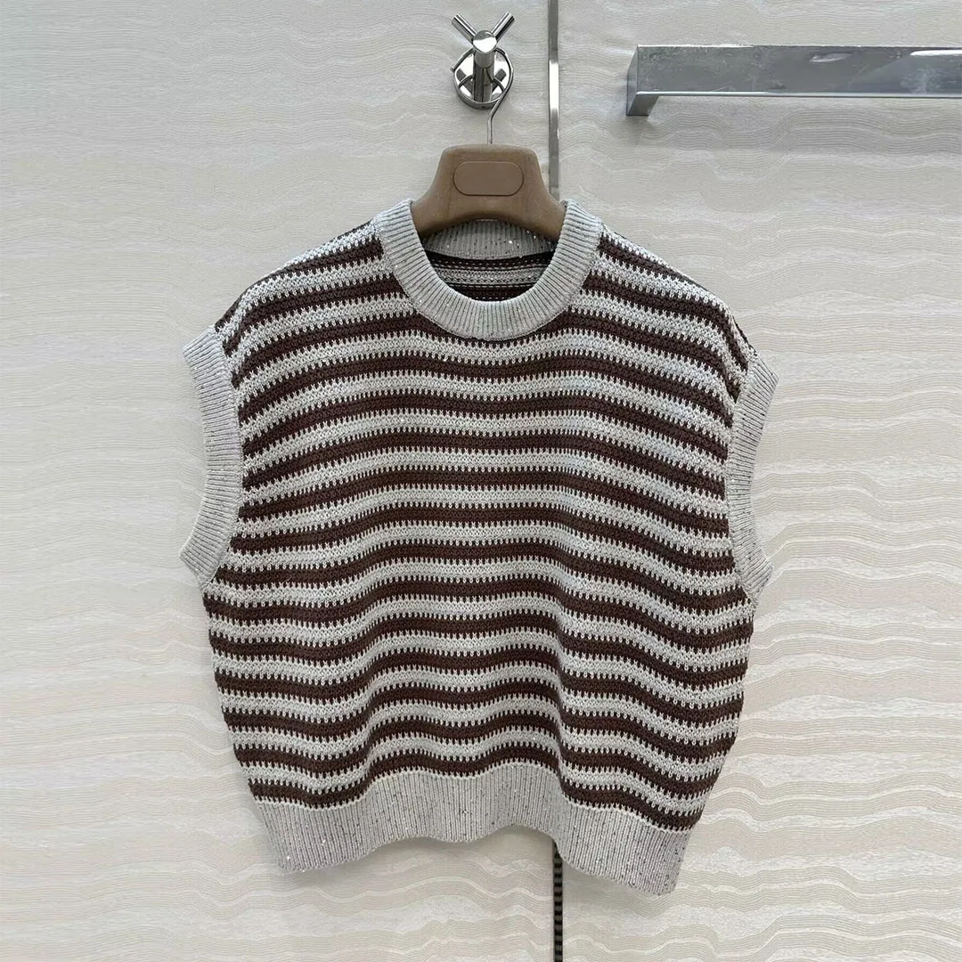 

2025 Early Autumn Stripes Pattern Knitting Tank Women Pullover O-neck Batwing Sleeveless Sequins Loose Casual Sweater Vest