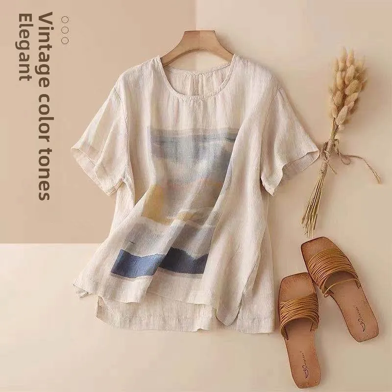 

Retro Cotton Linen Printed T-irt plus Size Women's round Ne ort Sve Split Bot Base irt Summer Commute Sle Loo...