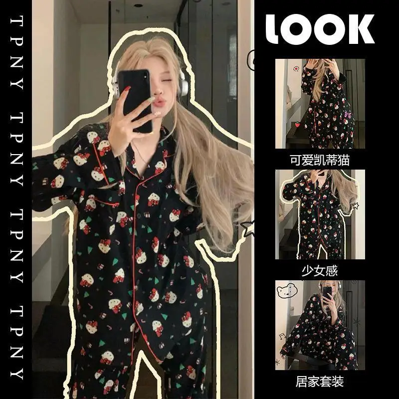 Hello Kittys – ensemble pyjama imprimé pour femmes, printemps-automne, dessin animé, manches longues, pantalon, vêtements de nuit décontractés, tenue de maison