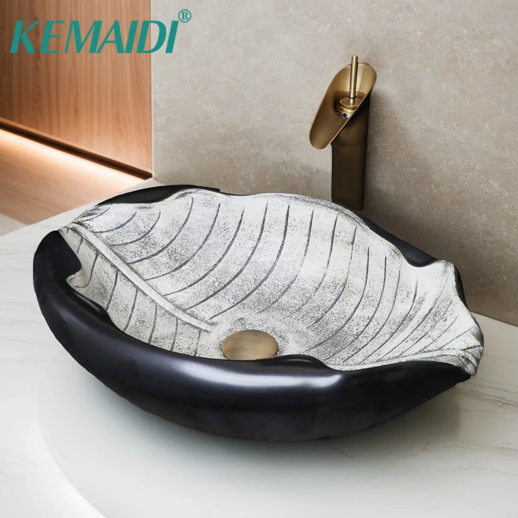 

KEMAIDI Art Ceramic Bathroom Sink Set Leaf Style Washbasin W/ Waterfall Antique Brass Faucet and Drain High End Porcelain Sinks