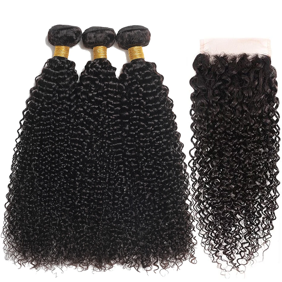 Kinky Curly Bundles With Closure Human Hair 12A Brazilian Virgin Unprocessed Wet And Wavy 3 Bundles With Frontal HD Transparent