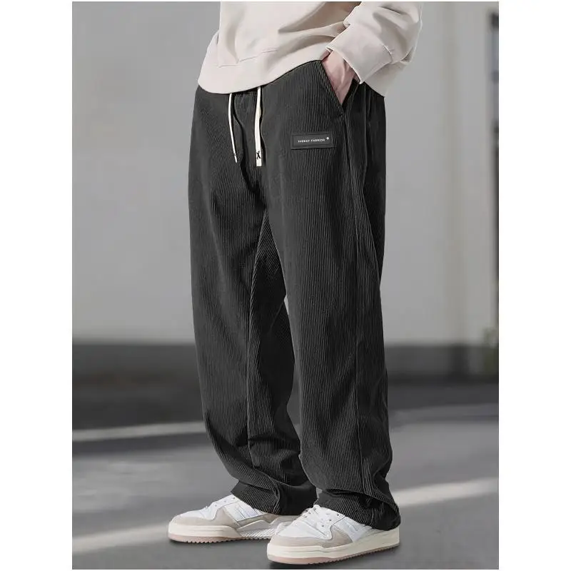 

Americn Vintage New Fashion Men's Solid Color Loose Casual Trendy Simple Basic Wide Leg Straight Drawstring Trousers Male Pants