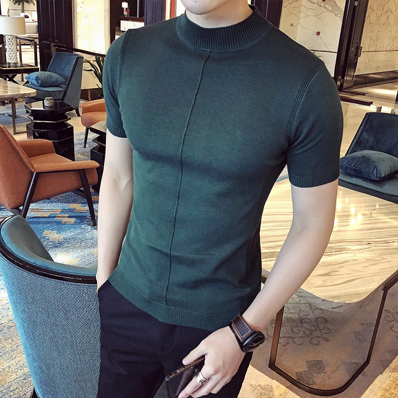 

Colors 8 Half High Collar Men Camiseta Masculina Bottom Mens T Shirts Tee Shirt Homme Streetwear Knitted Short Sleeve T-Shirt