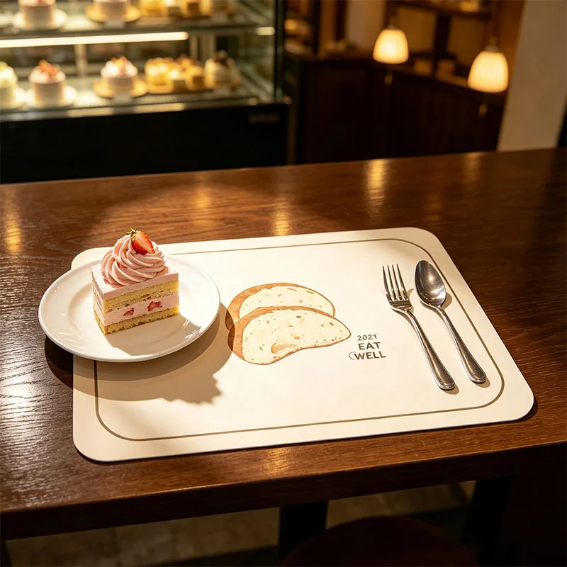 Premium Leather Rectangular Placemat with Bread Motif Water-Repellent & Grip-Backed for Restaurant Kitchen Office Mouse Pad