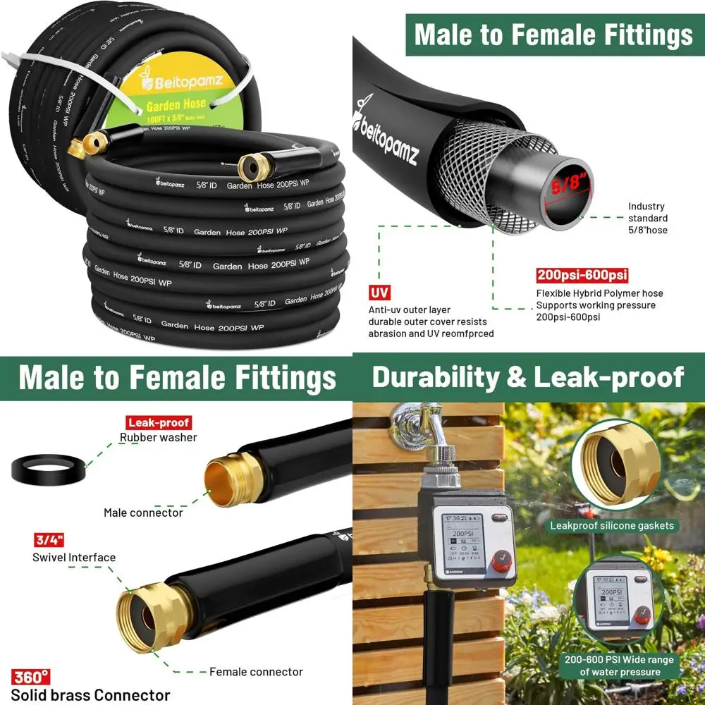 

Сверхмощный гибридный садовый шланг из гибкого резины диаметром 5/8 дюйма, длиной 100 футов, прочный и легкий, герметичные соединения, подходит