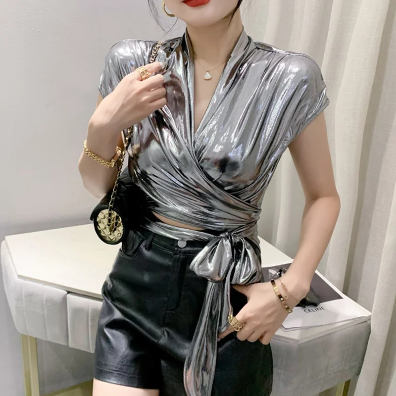 Street Wear Gold Silver Green Shinny Short Sleeve Blouse Women Sexy Irregular Short Wrap Shirt Female Bandage Summer Tops