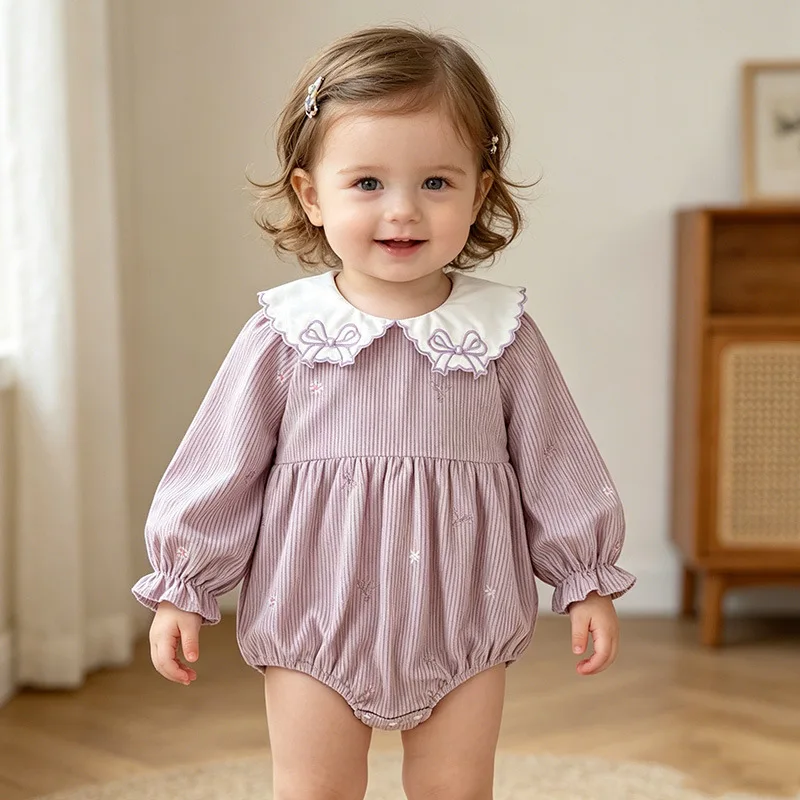 Baby Crawling Clothes Spring and Autumn Long Sleeved Bow Peter Pan Collar Embroidered Girls Baby Romper Newborn Clothes