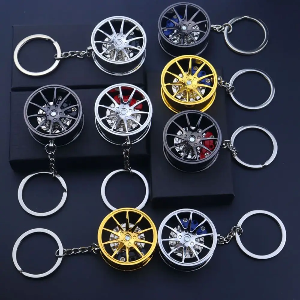 Rotatable Wheel Hub Key Chain 3D Zinc Alloy Wheel Hub&Brake Keychain Funny Creative Car Accessories Keychain Car Key