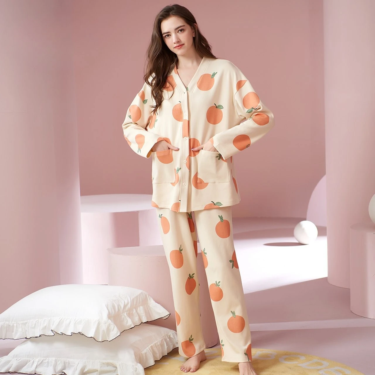 2025 New Pajamas for Women Long-sleeved Pijamas Sleepwear Cute Orange Large Size Loungewear Suit Sleepwear 2pcs