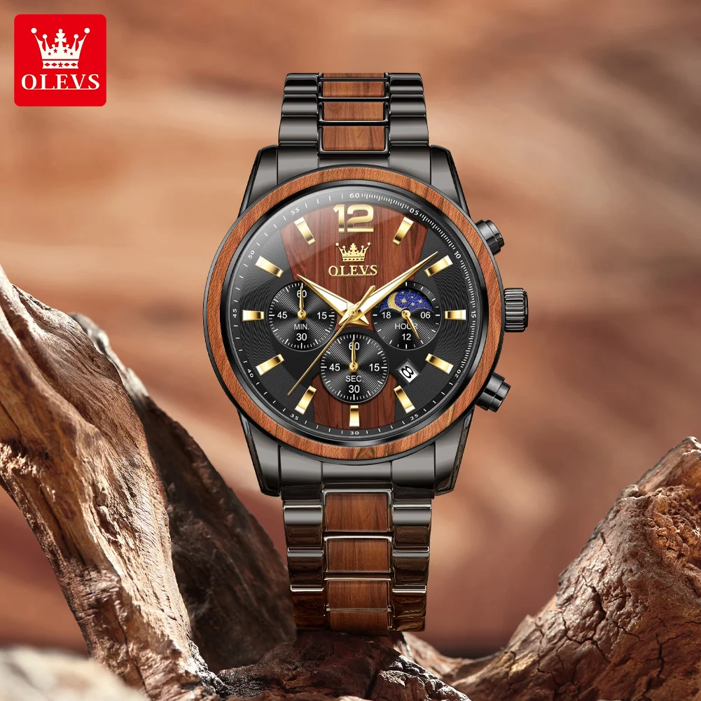 OLEVS 3645 Mens Watch Original Business Top Brand Quartz Watch Solid Wood Multifunctional Chronograph Watch Moon Phase Reloj