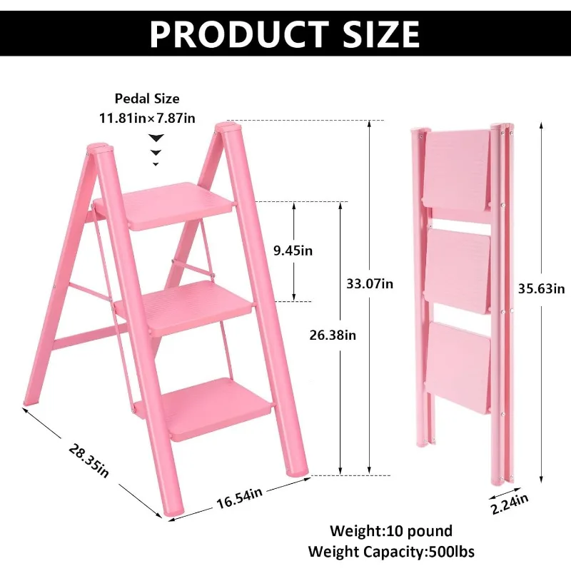 บันไดขั้นบันได,เก้าอี้สตูลพับแบบพกพาน้ําหนักเบาทนทานอเนกประสงค์พร้อมคันเหยียบกันลื่นกว้าง,ความจุ 500 ปอนด์ในครัวเรือน
