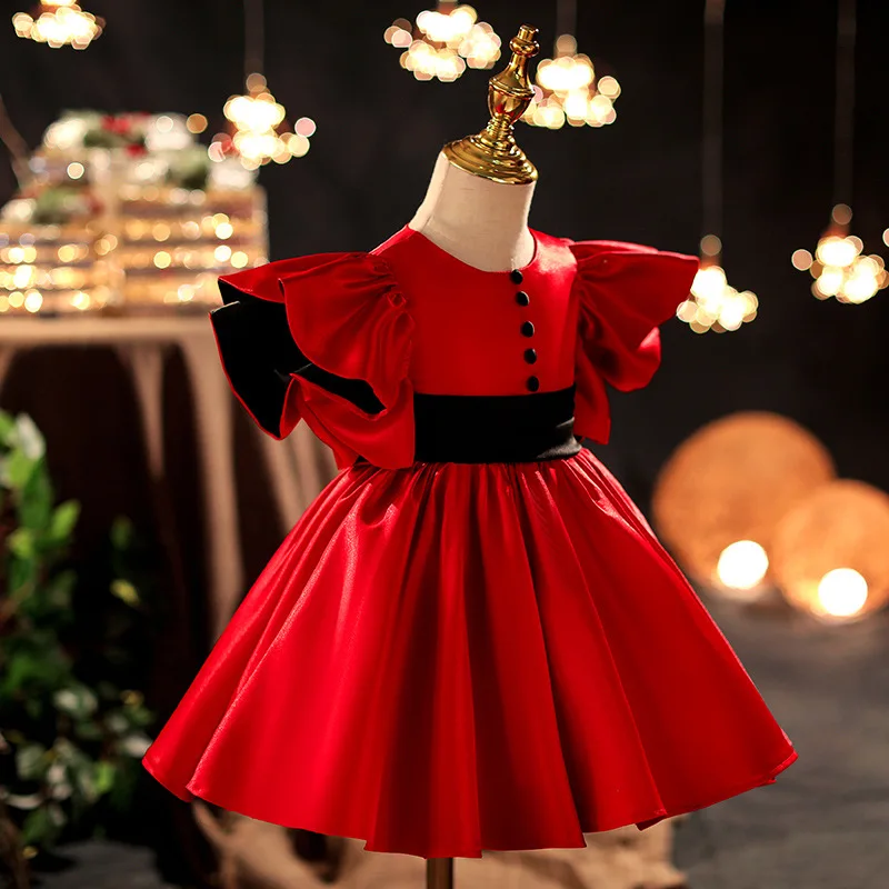 

Bright Red Children's Formal Dress High-End Little Host Piano Performance Dress Spring Girls Stylish Princess Dress