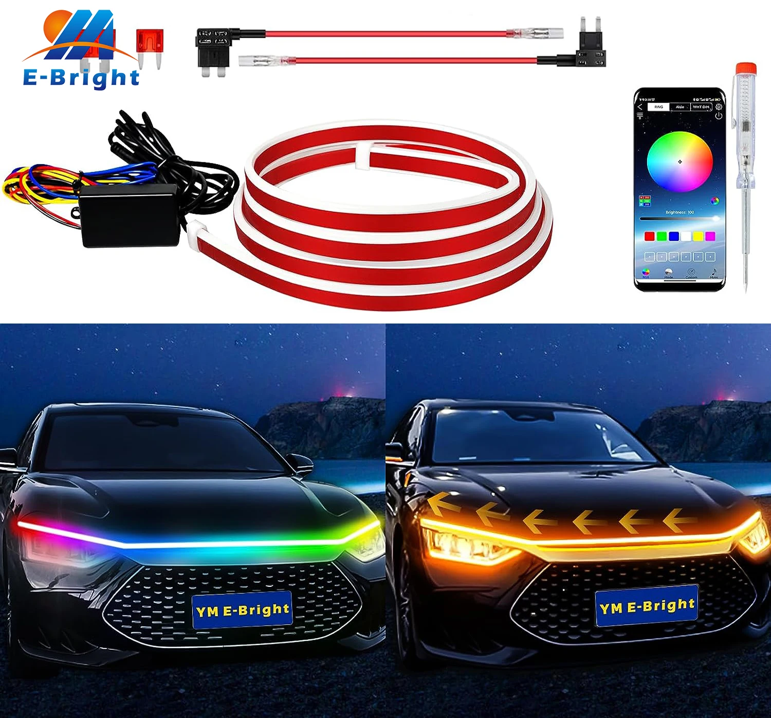 Car Hood Light Strip RGB 60in 70in White Blue Red Green Yellow for Car Engine Cover Dynamic Scan Start up Hoodbeam kit 12V 1Pcs