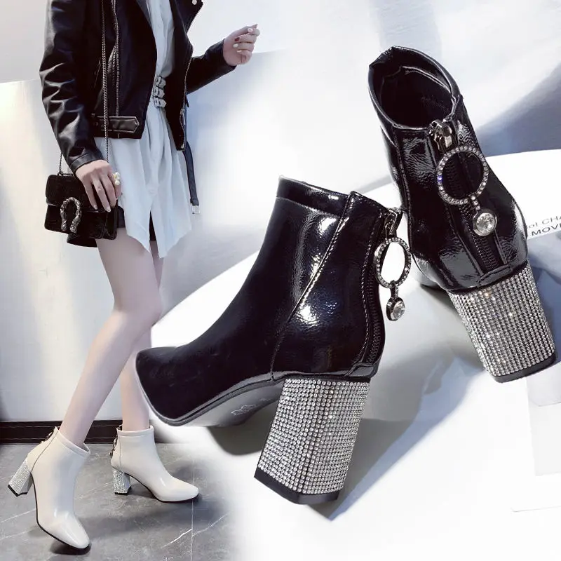 Square Toe Short Boots Woman 2023 Fall/Winter Shoes Women High Heeled Boots Rhinestone Chunky Heel Female Booties Large Size