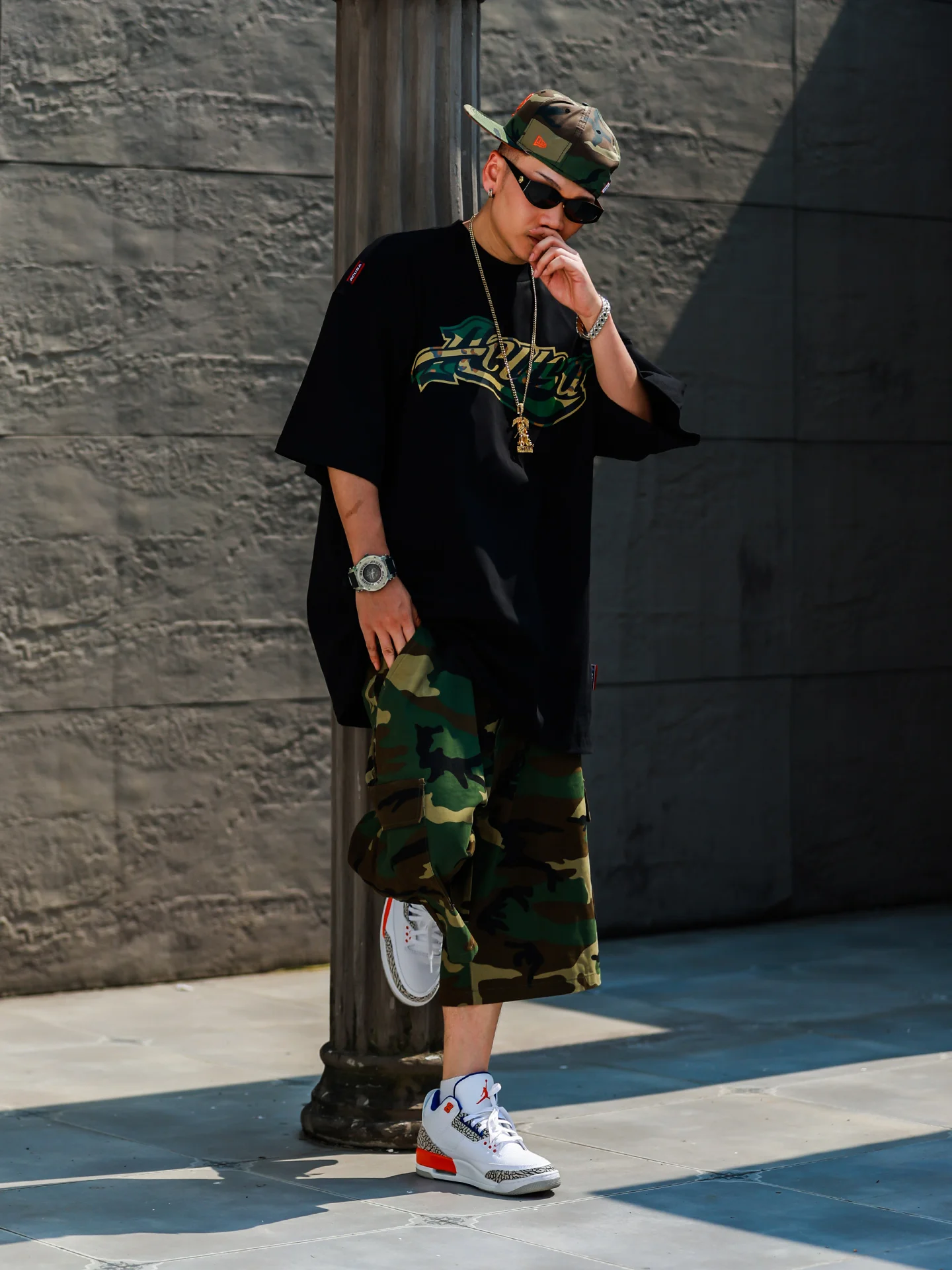 ACUSA American Street Desert Camouflage Letter Print Pure Cotton round Neck Short Sleeve Men's T-shirt Loose Hip Hop Style Black view 4