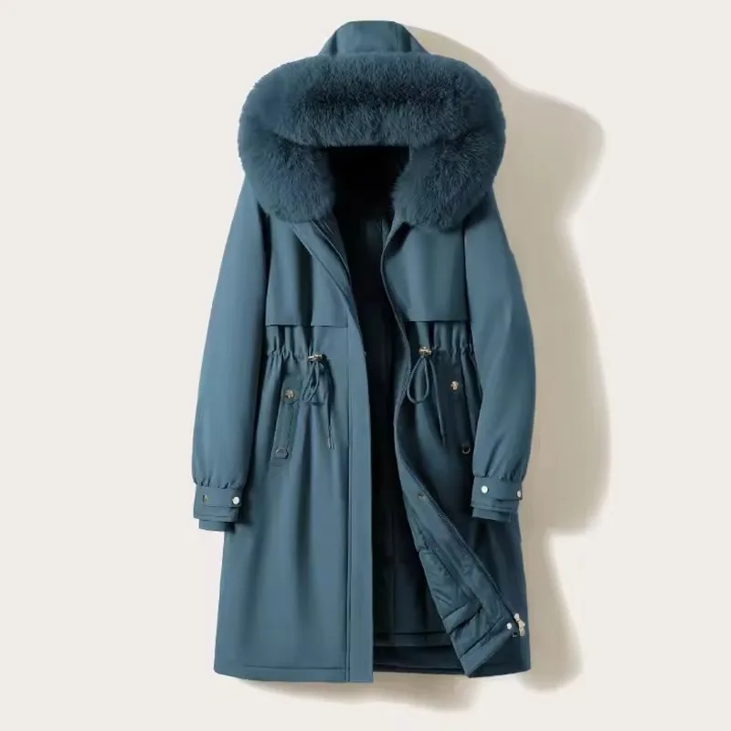 سترة بقلنسوة من الصوف الصلب لعام 2025 بياقة من الفرو معطف دافئ وسميك للثلج ملابس شتوية للنساء سترة مبطنة معطف طويل فضفاض #5