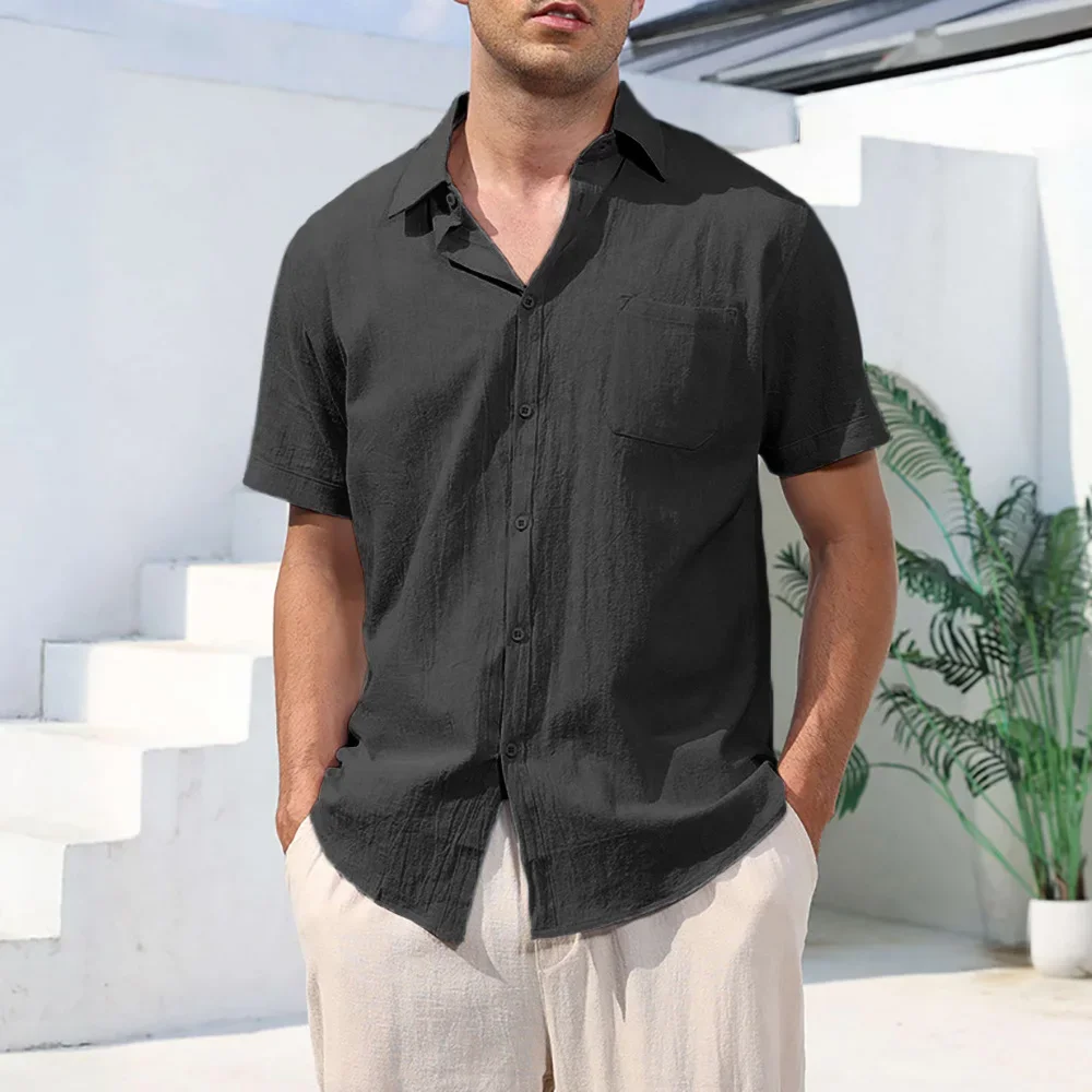 

Men's Short Sleeve Shirt Lightweight Breathable Lapel Collar Tees Vacation Style Single Breasted Casual Solid Color Cozy Top