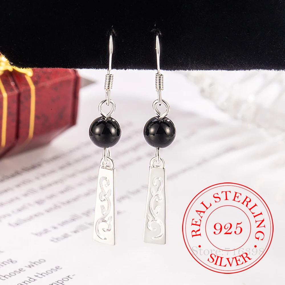 925 Sterling Silver C-shaped Semicircle Black Onyx Balls Stud Earrings For Women Wedding Party Gift Female Pendientes Mujer Moda