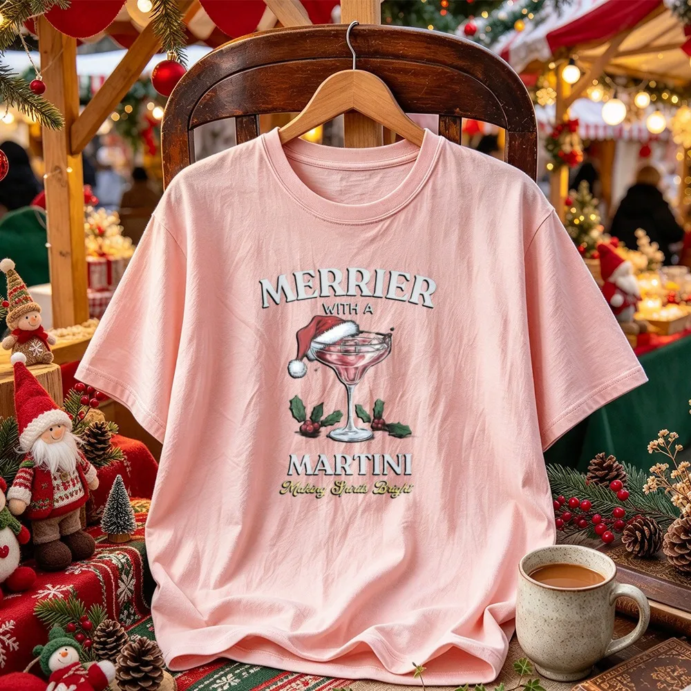 Merrier with A Martini Graphic Tee Martini Glass Santa Hat Holly Berry Print Crew Neck Funny Drinking Christmas Casual T-shirt