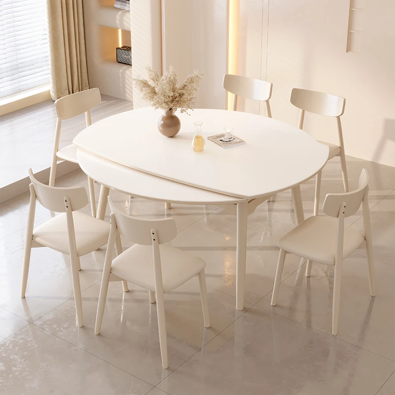 Nordic Luxury Modern Telescopic Foldable Round Marble Solid Wood Dining Table Chair Set 4 6 Seater Space Saver Cream Furniture