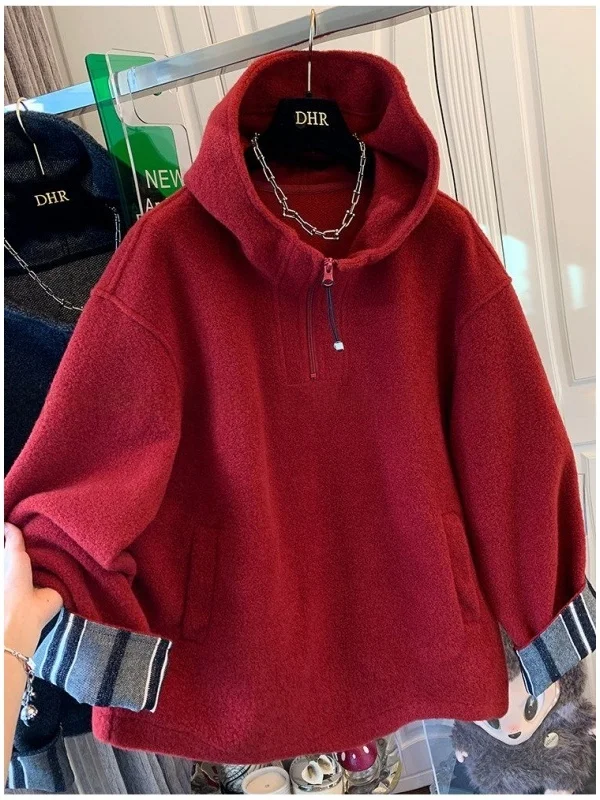 

Новая свободная толстовка унисекс с капюшоном и полосками, размер 300 Pou, красная, повседневная верхняя одежда для мужчин и женщин, ранняя весна