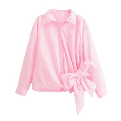 YENKYE Pink Bow Lace Up Women Shirt 2024 Autumn Long Sleeve Buttons Asymmetric Loose Blouse Female High Street Blusas Mujer