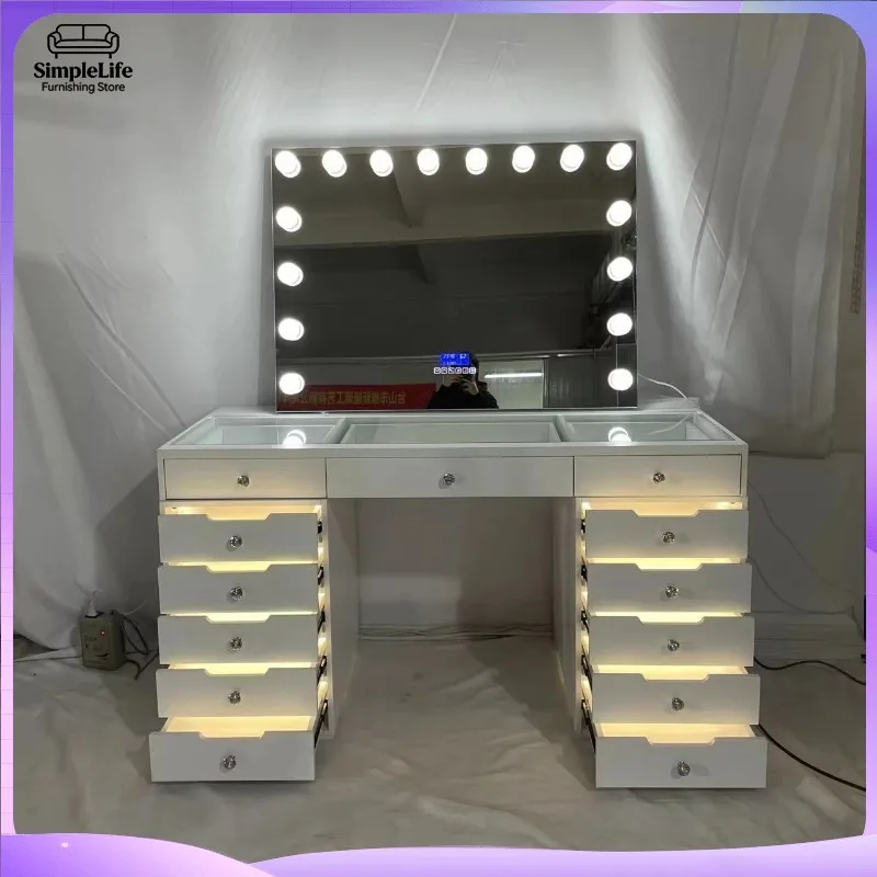 New Luxury Colorful White Dressing Table with LED Makeup Mirror Vanity and 13 Drawers Modern Bedroom Set for Wholesale