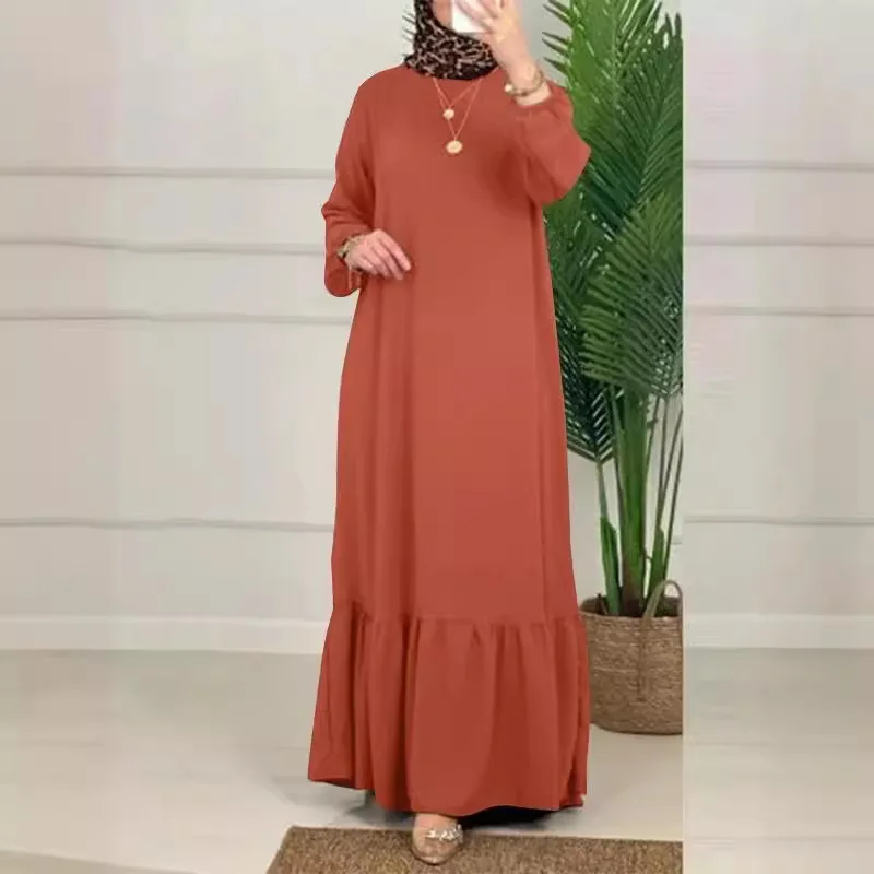 Robe musulmane à manches longues bouffantes et volants pour femmes, robe de soirée vintage, Abaya de Turquie, robe maxi à la mode, document solide