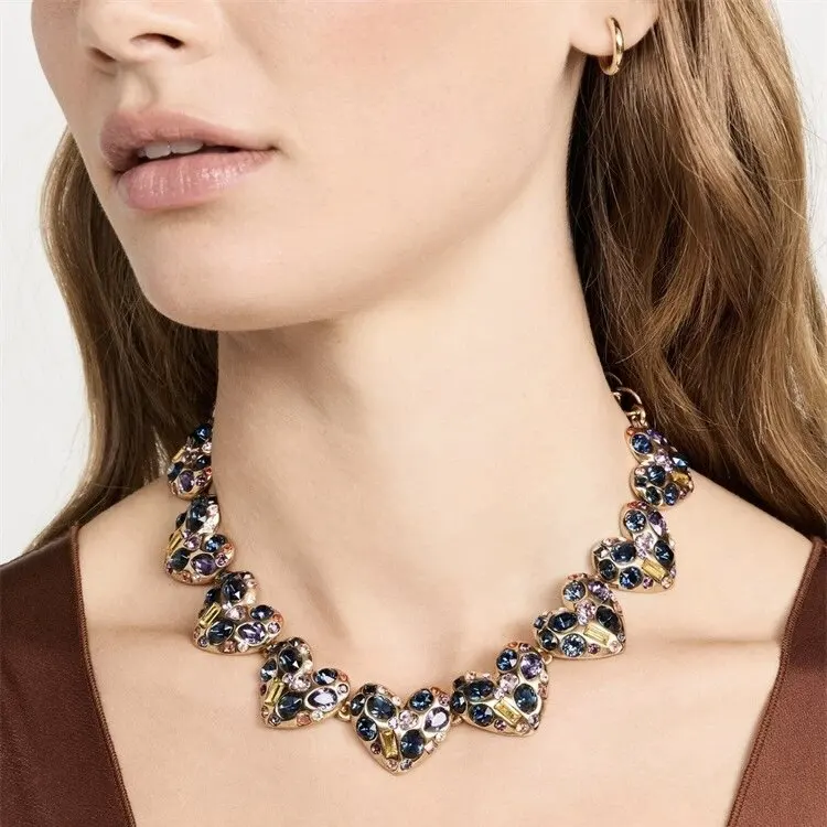 Fashion Designer Brand Colorful Crystal Heart Necklace Bracelet Luxury Set Woman Top Quality Popular Jewelry Trend Os