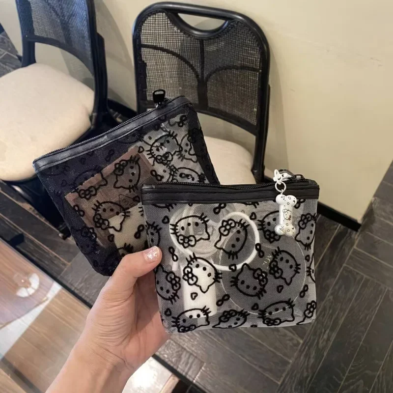Bolsa de Maquiagem Transparente Hello Kitty com Zíper, Organizador de Cosméticos em Estilo Cartoon, Estojo de Armazenamento Portátil para Meninas