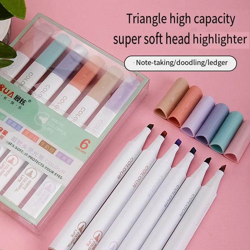 

6 PCS high-capacity fruit colored highlighter with soft color protection for eyes and fragrance, super soft head school supplies