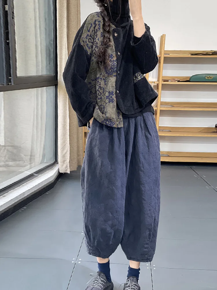 ريترو طباعة اللون بلو سروال قصير ort القطن Jaet المرأة الخريف الشتاء حجم كبير ثي الدافئة غير النظامية ملابس خارجية العصرية #5