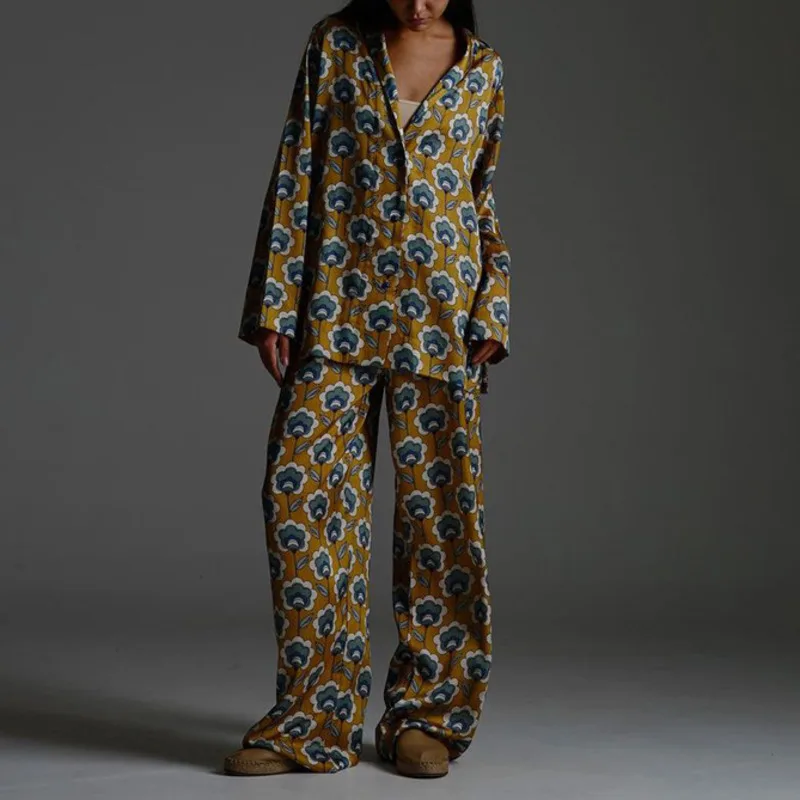 HKSH Primavera Autunno Nuovo Set da due pezzi da donna Stampato Colletto rovesciato Camicia monopetto a maniche lunghe Pantaloni casual Ins HK14230